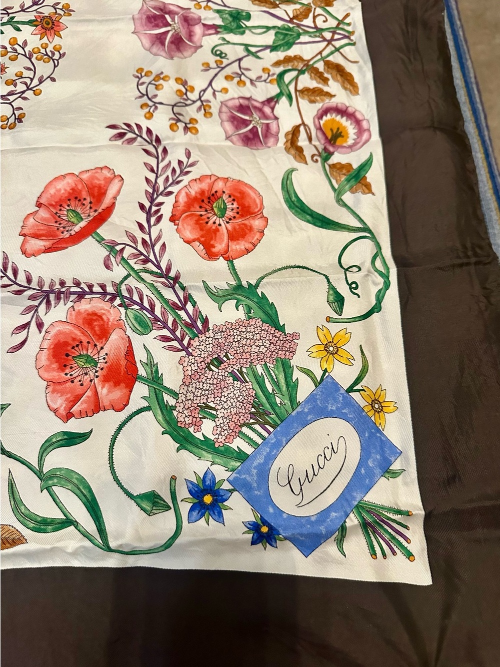 Authentic Vintage Gucci Brown and Multicolor Floral Silk Scarf - Picture 2 of 4